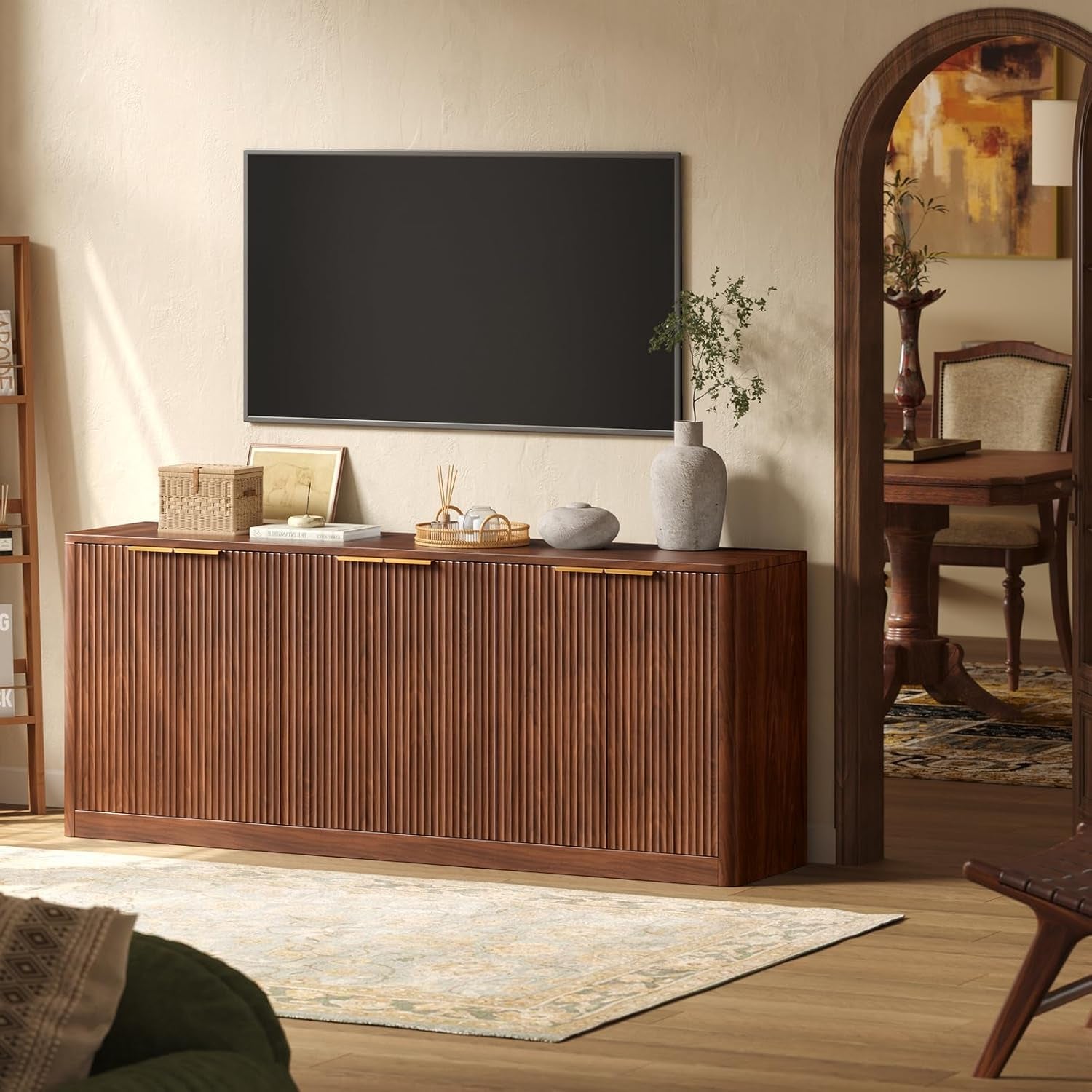 67" Fluted Walnut Buffet Cabinet Sideboard with Storage, Large Credenza with 6 Doors, Wood Mid Century Modern Sideboard for Kitchen and Living Room (67" W*31.5" H*15.7" D)