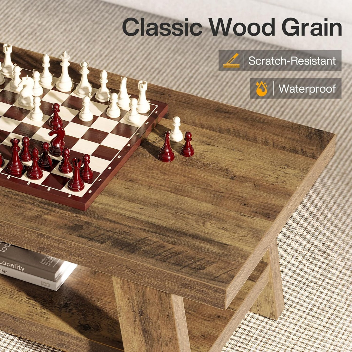 Farmhouse Coffee Table, 47.24" Rectangle Rustic Coffee Tables for Living Room, Long Wooden Center Tables with Storage Shelves for Apartment, Home Office (Brown)