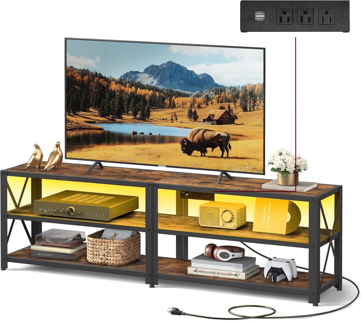 TV Stand with Power Outlets and LED Lights, for Tvs up to 65 Inches, Entertainment Center with Open Storage Shelves, TV Console Table for Living Room, Rustic Brown and Ink Black ULTV118K01