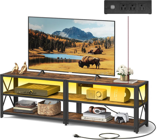 TV Stand with Power Outlets and LED Lights, for Tvs up to 65 Inches, Entertainment Center with Open Storage Shelves, TV Console Table for Living Room, Rustic Brown and Ink Black ULTV118K01