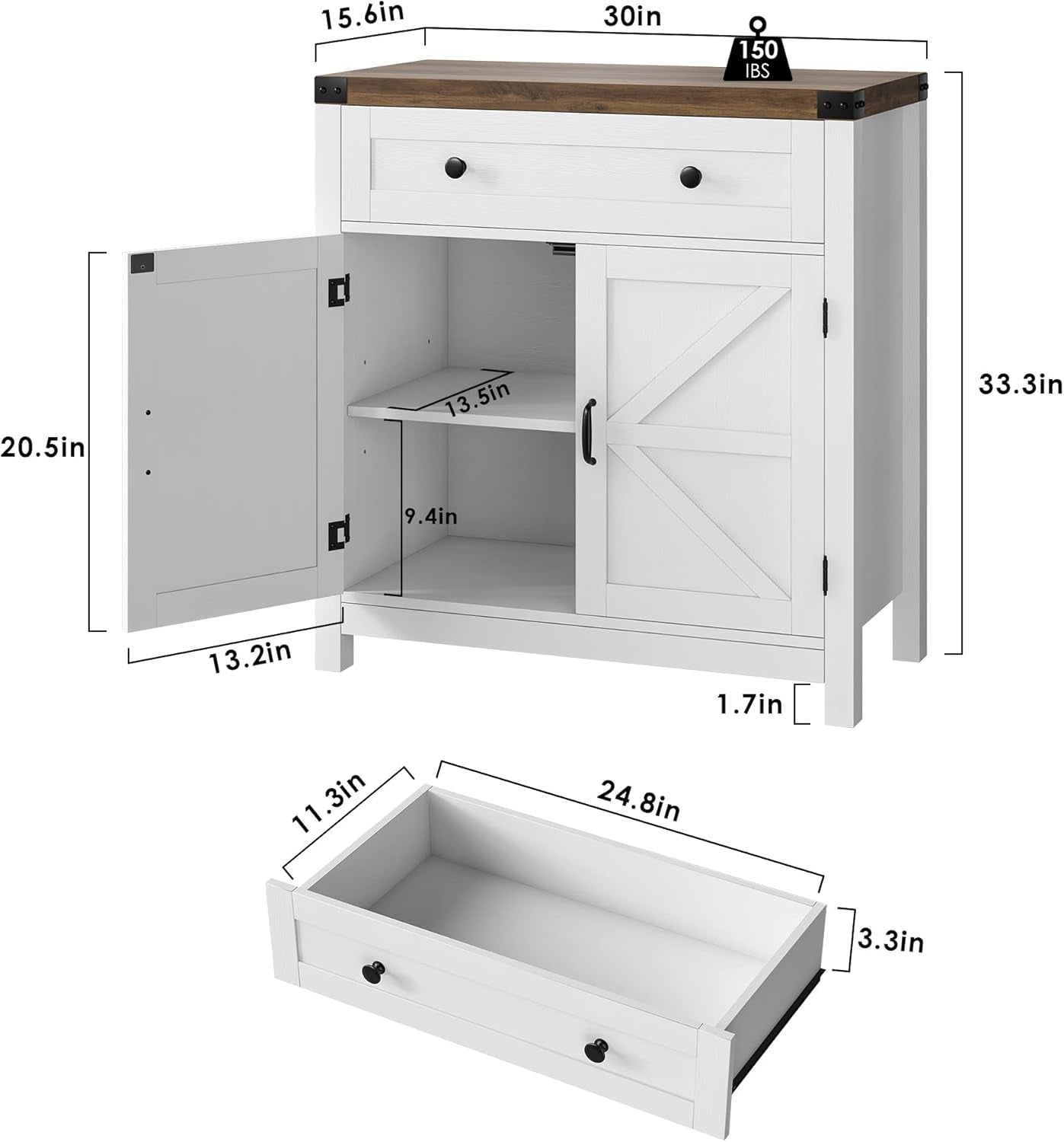 Coffee Bar Cabinet, Kitchen Storage Cabinet, Modern Farmhouse Buffet Sideboard with Drawer and Adjustable Shelf, Barn Door Accent Cabinets for Kitchen, Dining Room, Entryway, White