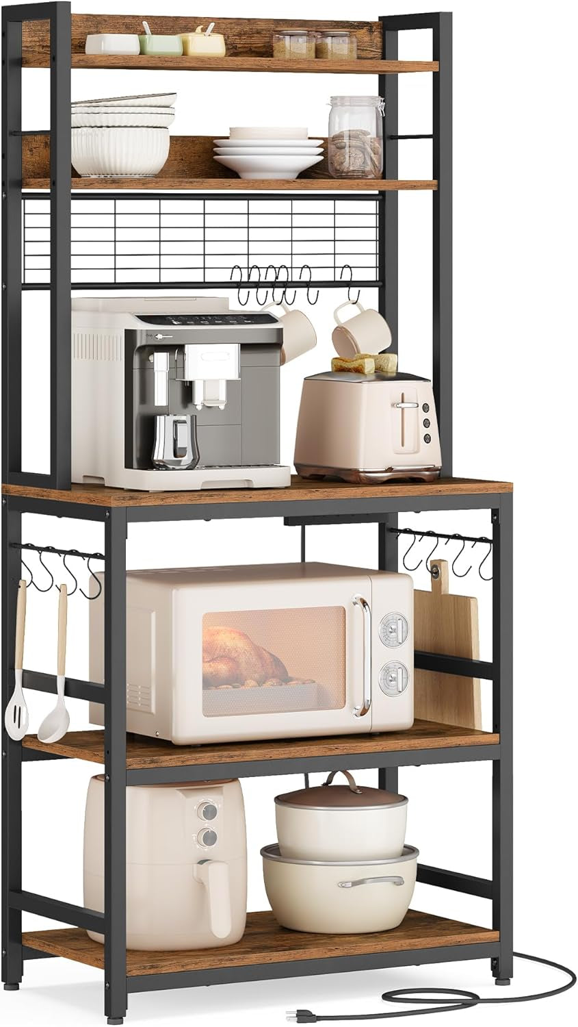 Bakers Rack with Power Outlet, Microwave Stand, Kitchen Tall Utility Storage Shelf, with Metal Wire Panel, 14 Hooks, 15.7 X 23.6 X 66.9 Inches, Rustic Brown and Ink Black UKKS037B01