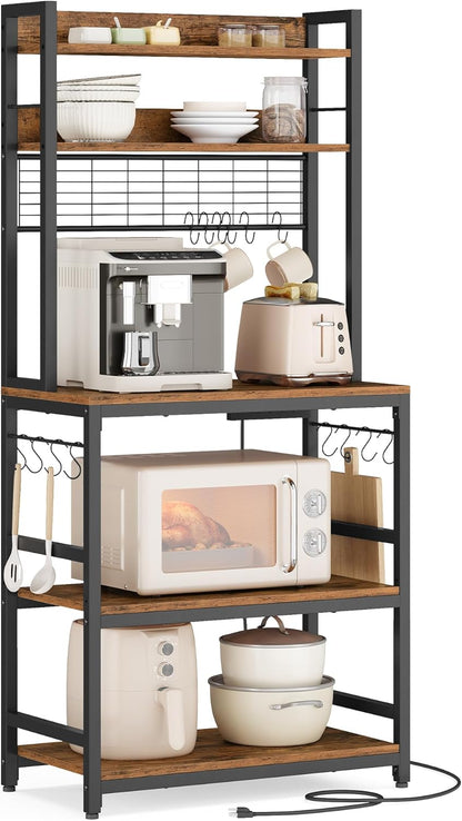 Bakers Rack with Power Outlet, Microwave Stand, Kitchen Tall Utility Storage Shelf, with Metal Wire Panel, 14 Hooks, 15.7 X 23.6 X 66.9 Inches, Rustic Brown and Ink Black UKKS037B01