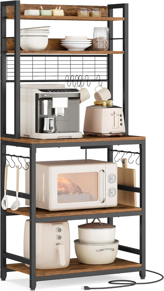 Bakers Rack with Power Outlet, Microwave Stand, Kitchen Tall Utility Storage Shelf, with Metal Wire Panel, 14 Hooks, 15.7 X 23.6 X 66.9 Inches, Rustic Brown and Ink Black UKKS037B01