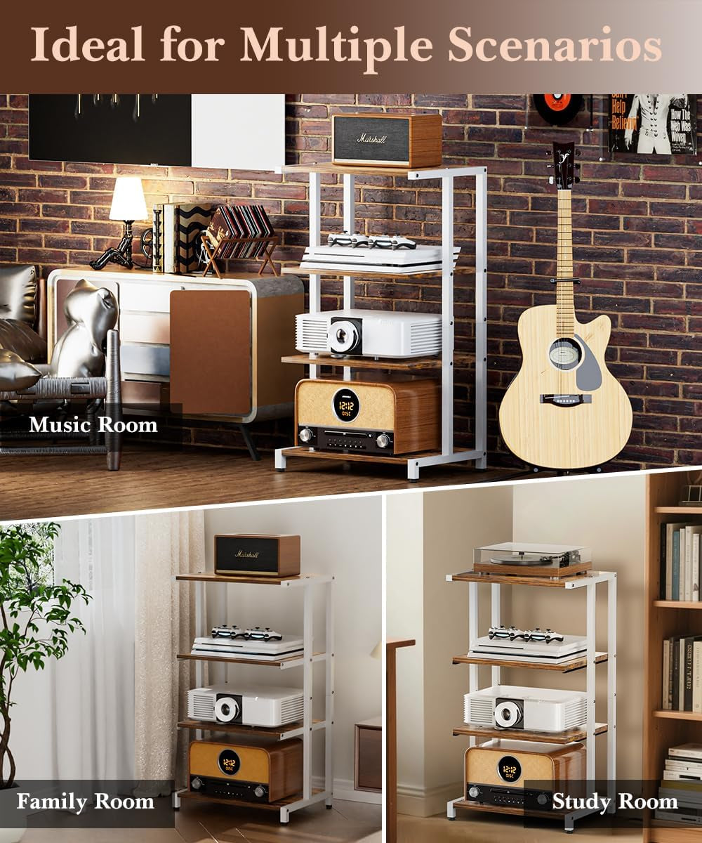 4-Tier Media Storage Stand, Audio Media Rack for Living Room, Gaming Room, Music Studio, Wooden Game Console Shelf for TV Accessories/Audiovisual Equipment/Optical Disc/Ps4, White