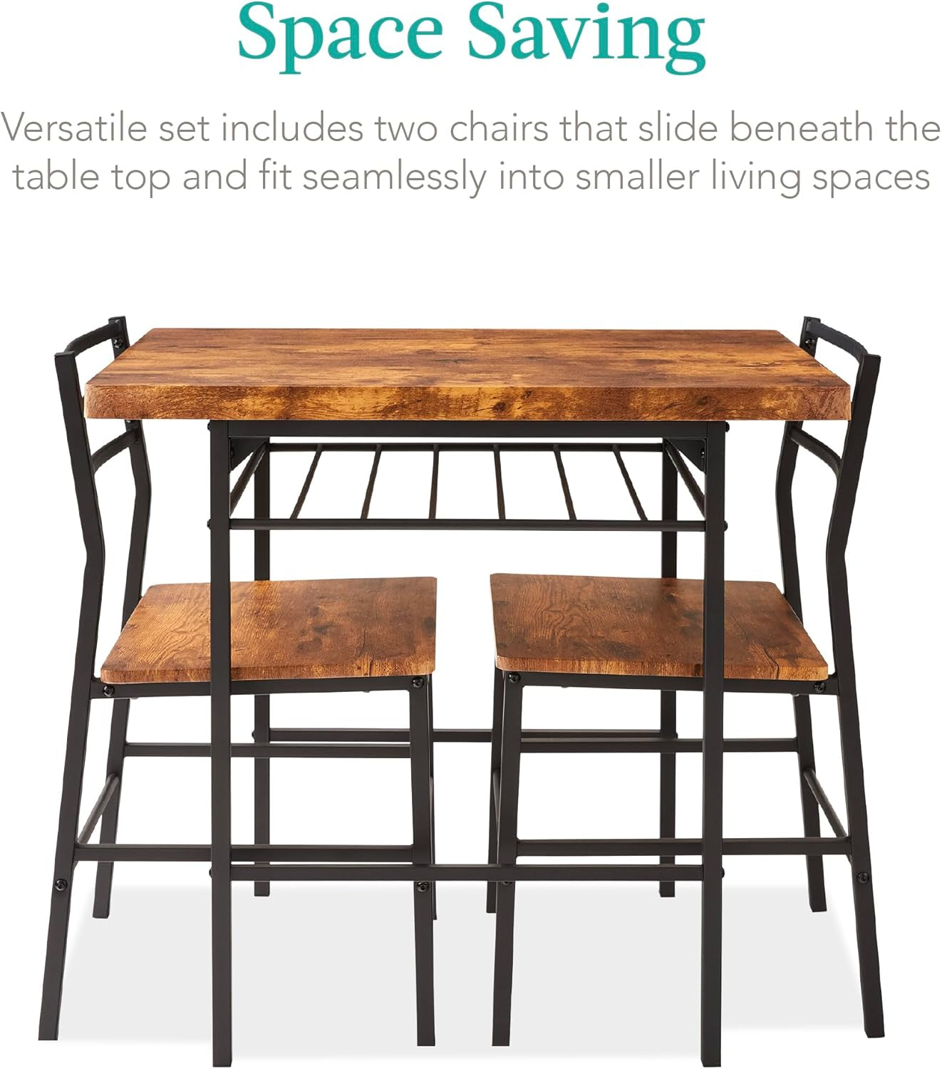 3-Piece Modern Dining Set, Space Saving Dinette for Kitchen, Dining Room, Small Space W/Steel Frame, Built-In Storage Rack - Medium Brown/Black