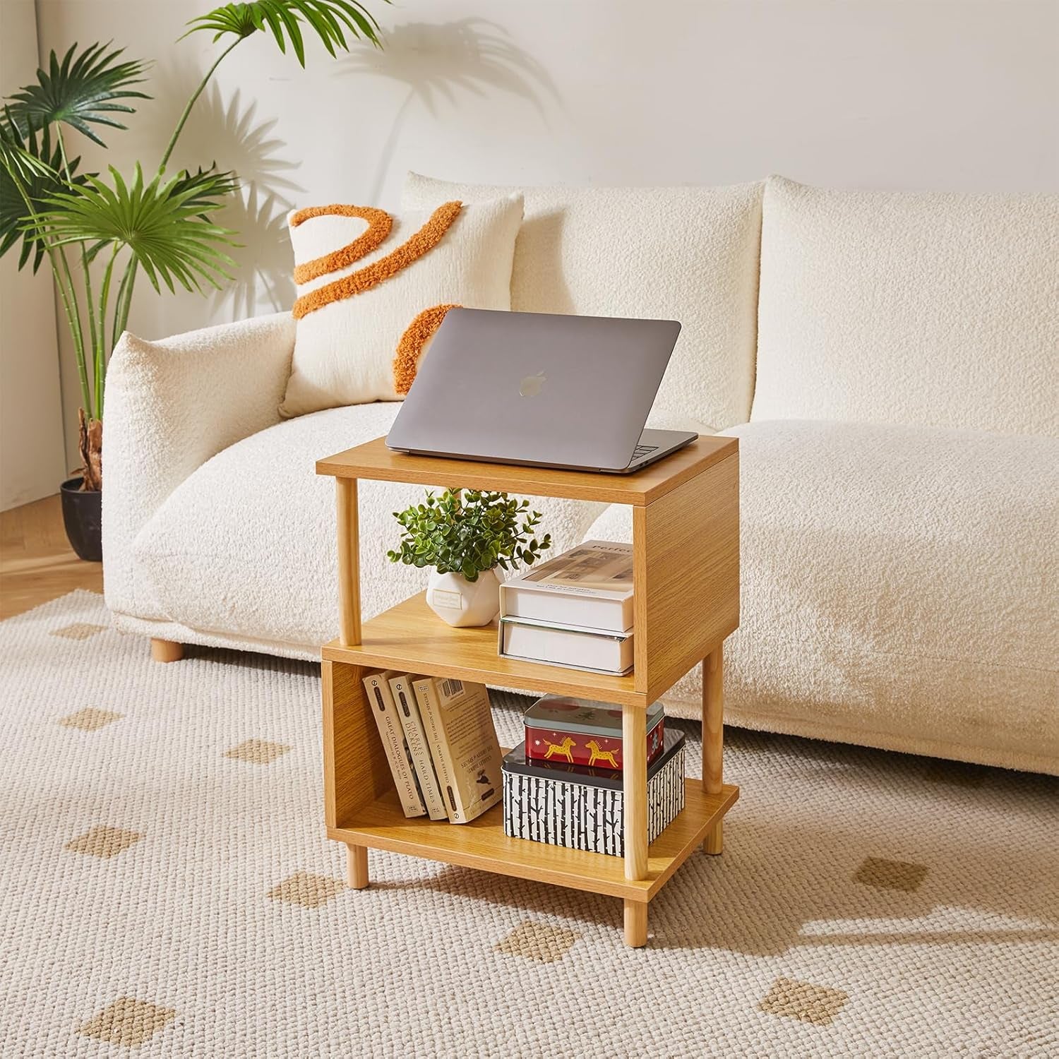 Wooden Night Stand with Open Shelf, Nightstand with Solid Wood Legs, S-Shaped Bed Side Table 3 Tier, End Table Natural Wood YD-TM152N