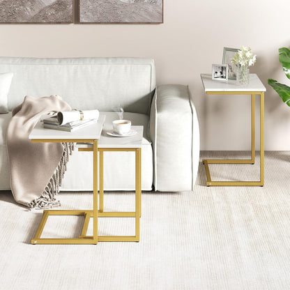 Nesting Coffee Tables Set of 3, Rectangular Nesting Center Table with Faux Marble Top & Metal Frame, Modern C-Shaped Nested Side Table Set for Living Room, Bedroom, Gold & White