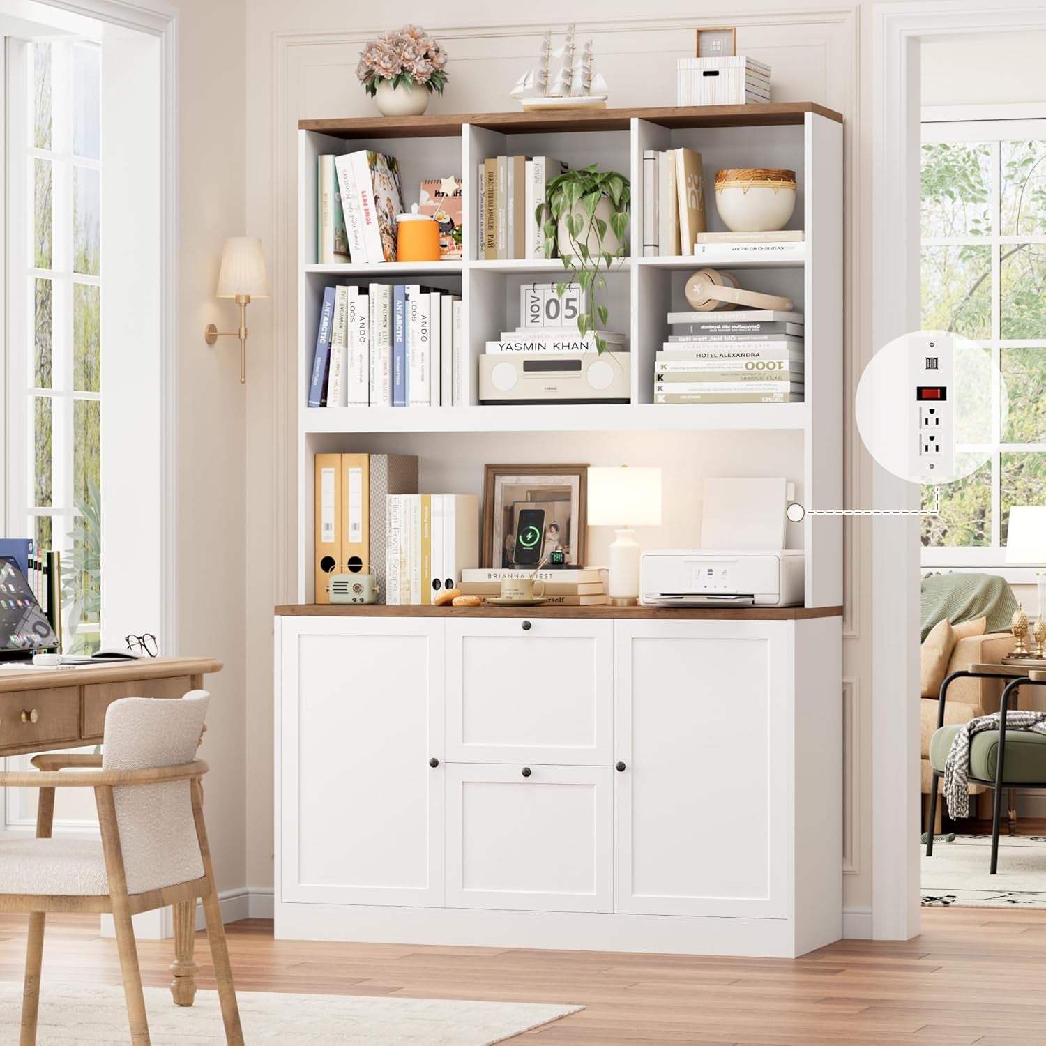 72'' Tall File Bookcase with Power Outlet & Printer Stand, 2 Drawer Filing Cabinets for Home Office Fit Hanging A4 File, Storage Cabinet W/ 3 Tier Open Book Shelf & Doors for Living Room, White