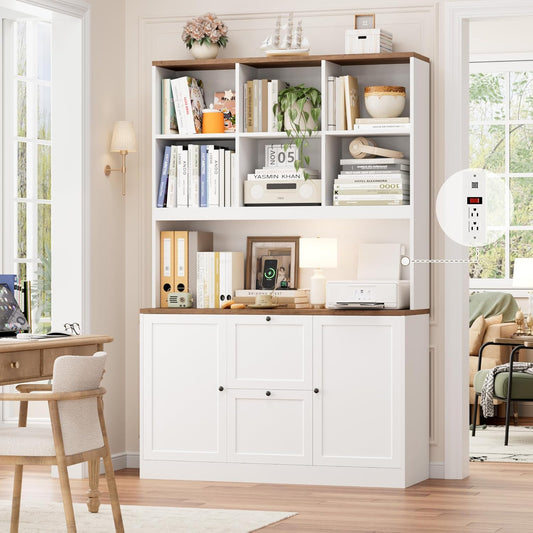 72'' Tall File Bookcase with Power Outlet & Printer Stand, 2 Drawer Filing Cabinets for Home Office Fit Hanging A4 File, Storage Cabinet W/ 3 Tier Open Book Shelf & Doors for Living Room, White