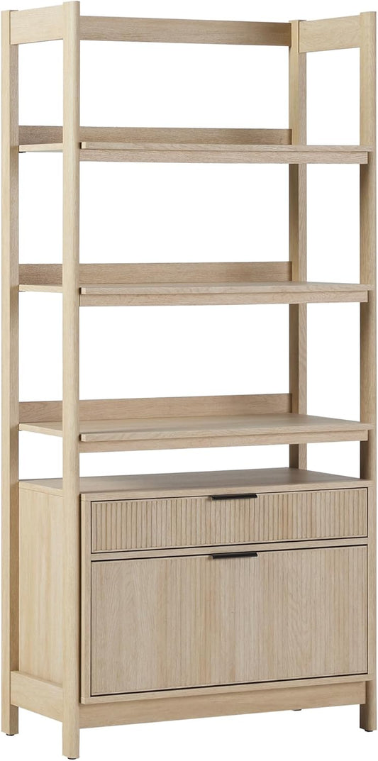 Transitional Open Reeded 4-Shelf Bookshelf with Drawers on Bottom, Versatile Bookcase with Bottom Storage for Home Office, Living Room, Bedroom, 33”W X 16.75”D X 70”H, Coastal Oak