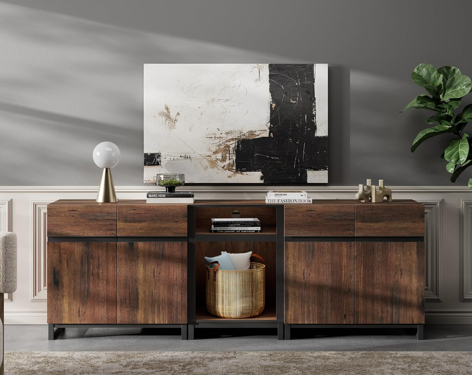 TV Stand for Tvs up to 90 Inch, 3 in 1 Modern Entertainment Center with Metal Base & 2 Adjustable Shelves, TV Console for Living Room,Brown