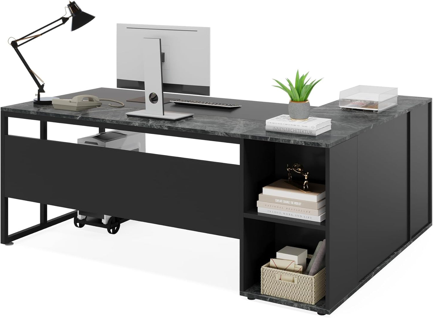 71 Inch Executive Desk, L Shaped Desk with Cabinet Storage, Executive Office Desk with Shelves, Business Furniture Set Workstation for Home Office, Black