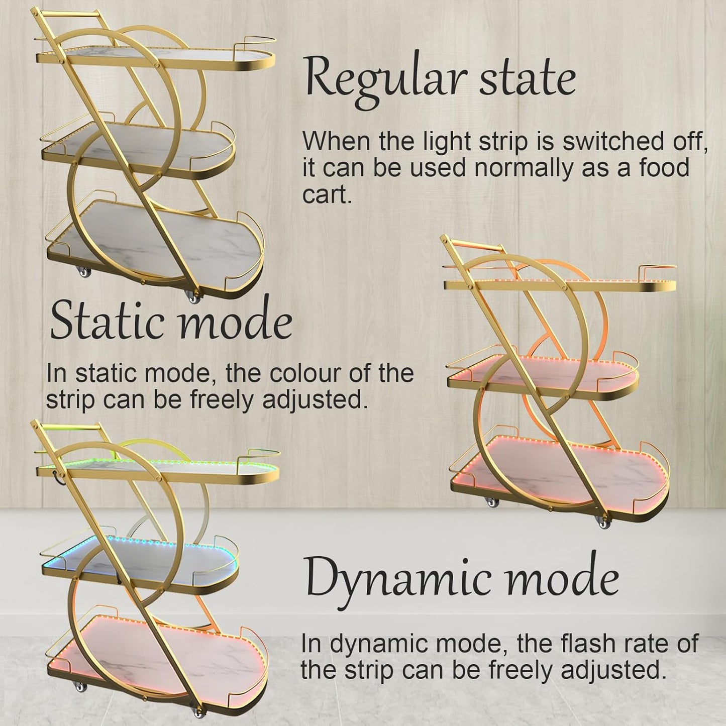 Serving Cart with Light, 3 Tiers Home Bar Serving Wine Trolly with Casters, Movable Beverage Cart with Handle for Kitchen Diningroom Bars Hotel Parties(Gold, 30.7X17.3X38.6 In)