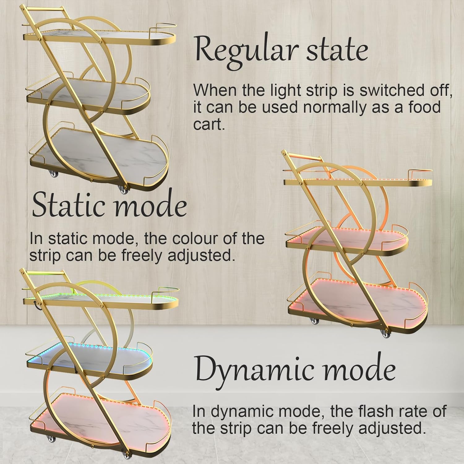 Serving Cart with Light, 3 Tiers Home Bar Serving Wine Trolly with Casters, Movable Beverage Cart with Handle for Kitchen Diningroom Bars Hotel Parties(Gold, 30.7X17.3X38.6 In)