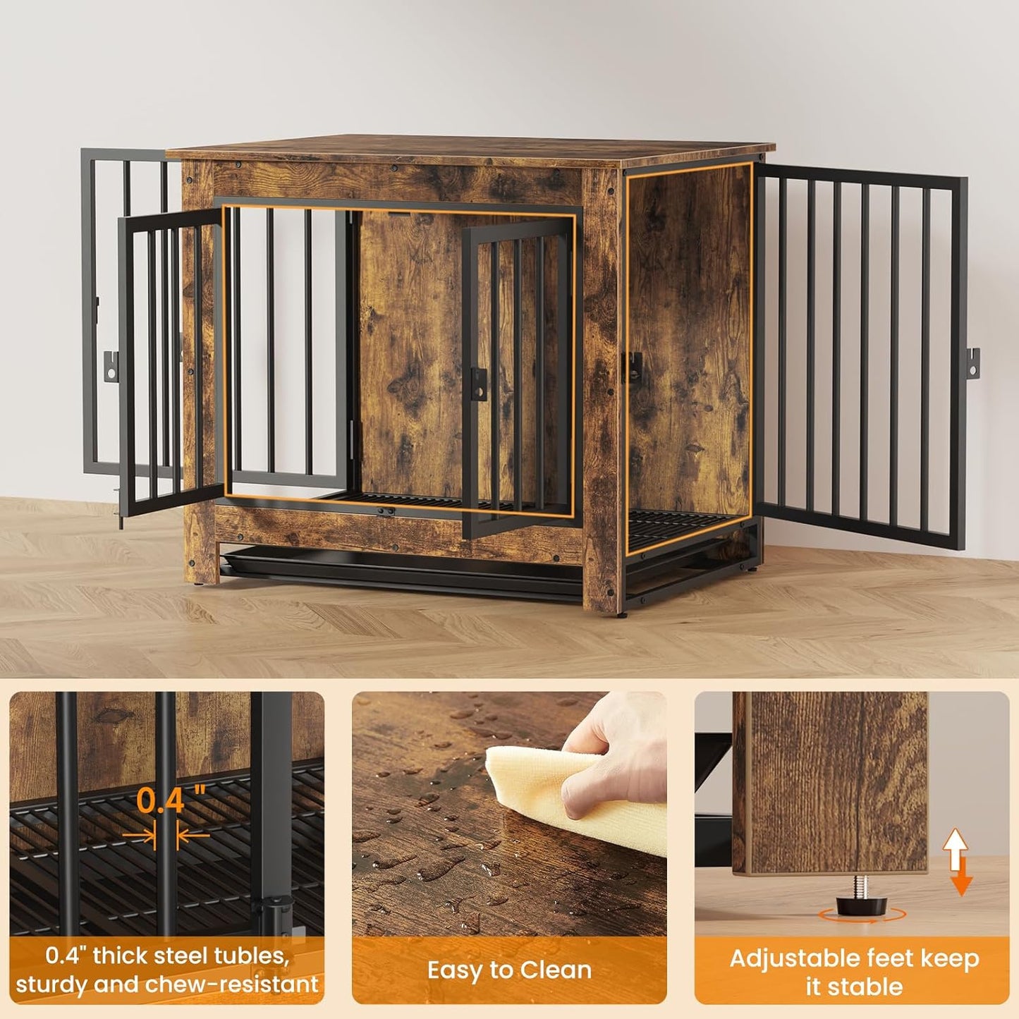 Dog Crate Furniture, Dog Crate End Table for Small and Medium Dogs,Wooden Cage Kennel Furniture Indoor, Modern Dog Crate with Multi-Purpose Removable Tray, Double-Doors Dog Furniture, White