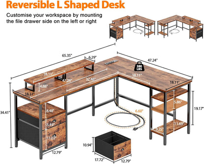 66” L Shaped Desk with Power Outlet, Reversible Computer Gaming Desk with File Drawer & 2 Monitor Stands for Home Office with Storage Shelves, Rustic Brown
