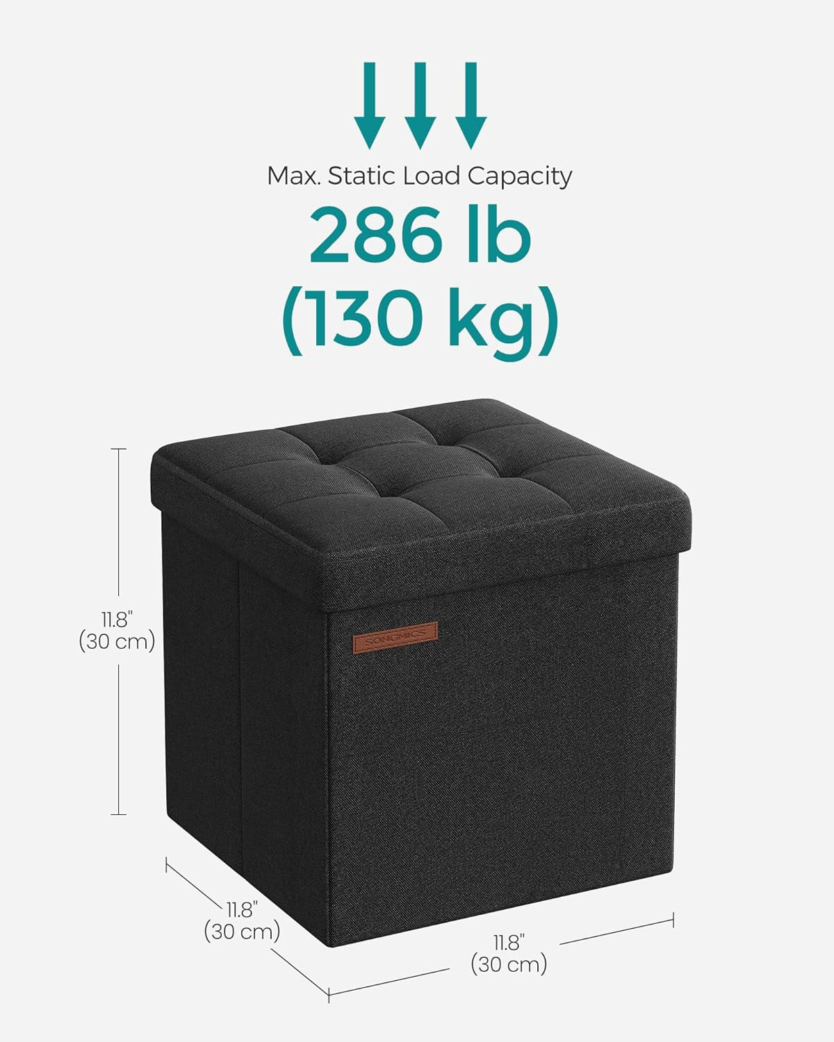 Storage Ottoman, Foldable Small Ottoman Foot Rest, 11.8 Inches Foot Stool, Cube Ottoman with Storage, Load up to 286 Lb, for Living Room, Bedroom, Dorm, Ink Black ULSF028B01