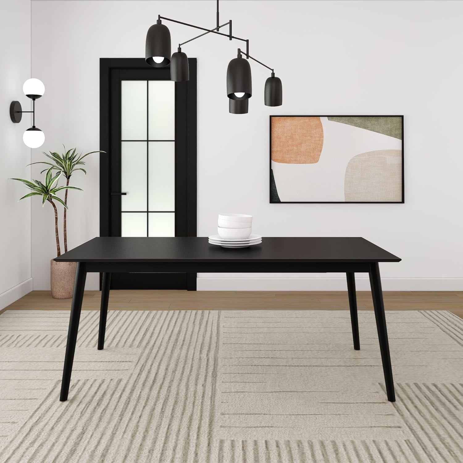72 Inch Mid Century Modern Dining Table, Solid Wood Kitchen & Dining Room Table for 6, Minimalist Table for Dining Room, Rectangular Dinette Table, Black