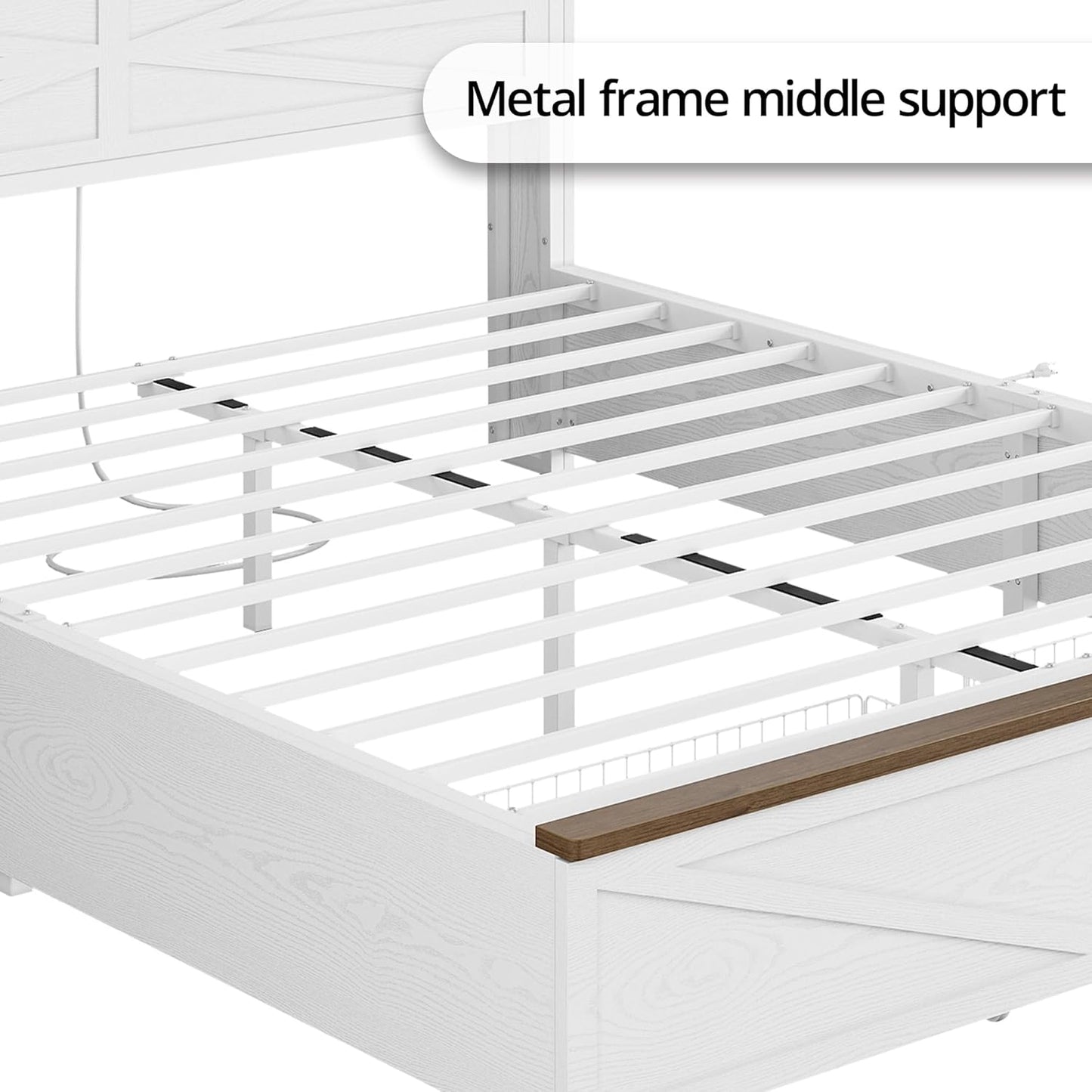 Farmhouse King Size Bed Frame with LED Light and Charging Station, Wood Bed Frame with Storage Headboard and 2 Drawers， Barn Door Design, Sturdy and Noiseless, White