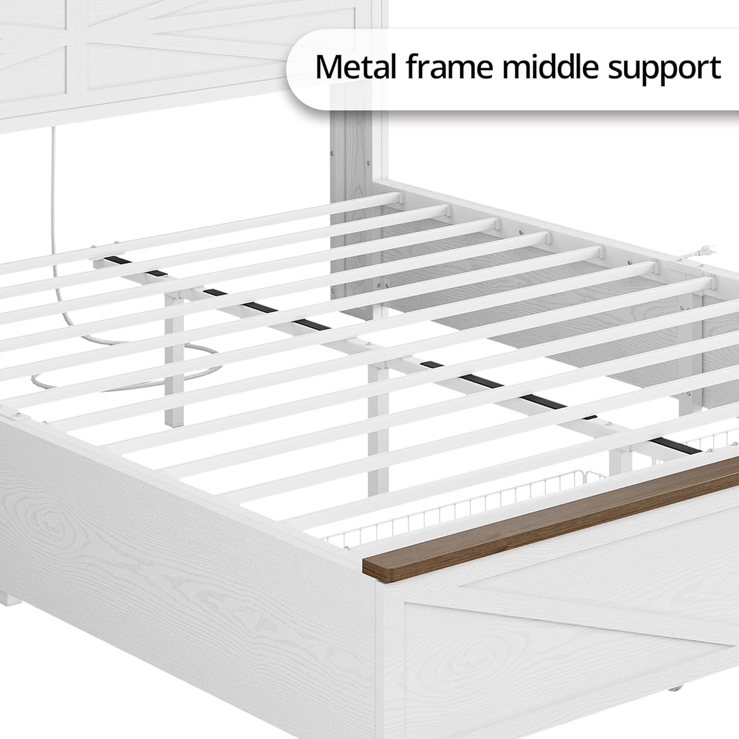 Farmhouse King Size Bed Frame with LED Light and Charging Station, Wood Bed Frame with Storage Headboard and 2 Drawers， Barn Door Design, Sturdy and Noiseless, White
