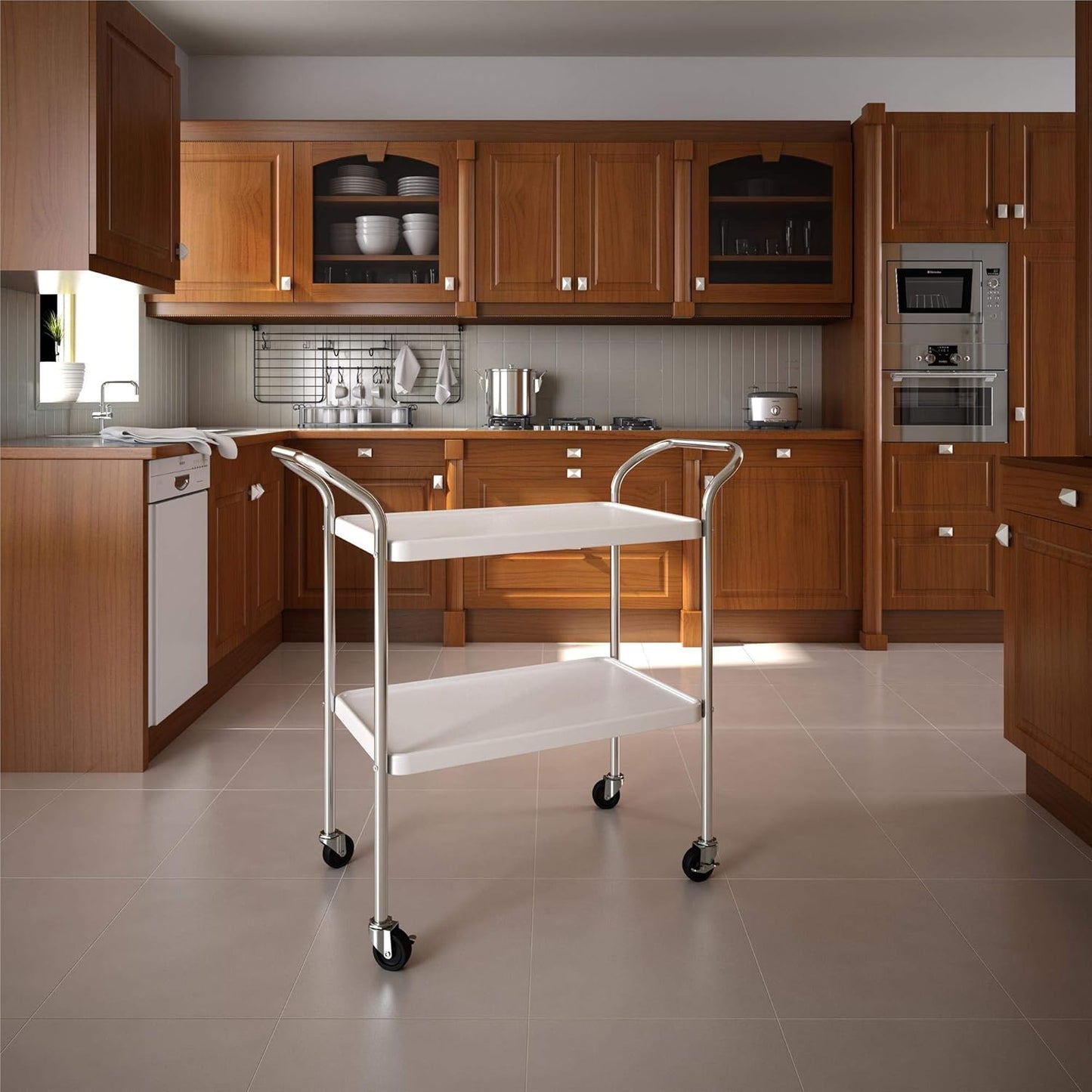 Stylaire 2 Tier Serving Cart, White & Silver