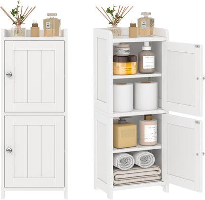 Small Bathroom Storage Cabinet, 30" Tall Freestanding Corner Floor Cabinet with 2 Doors & 5 Shelves (2 Adjustable), Narrow Toilet Paper Holder Organizer for Small Spaces, White