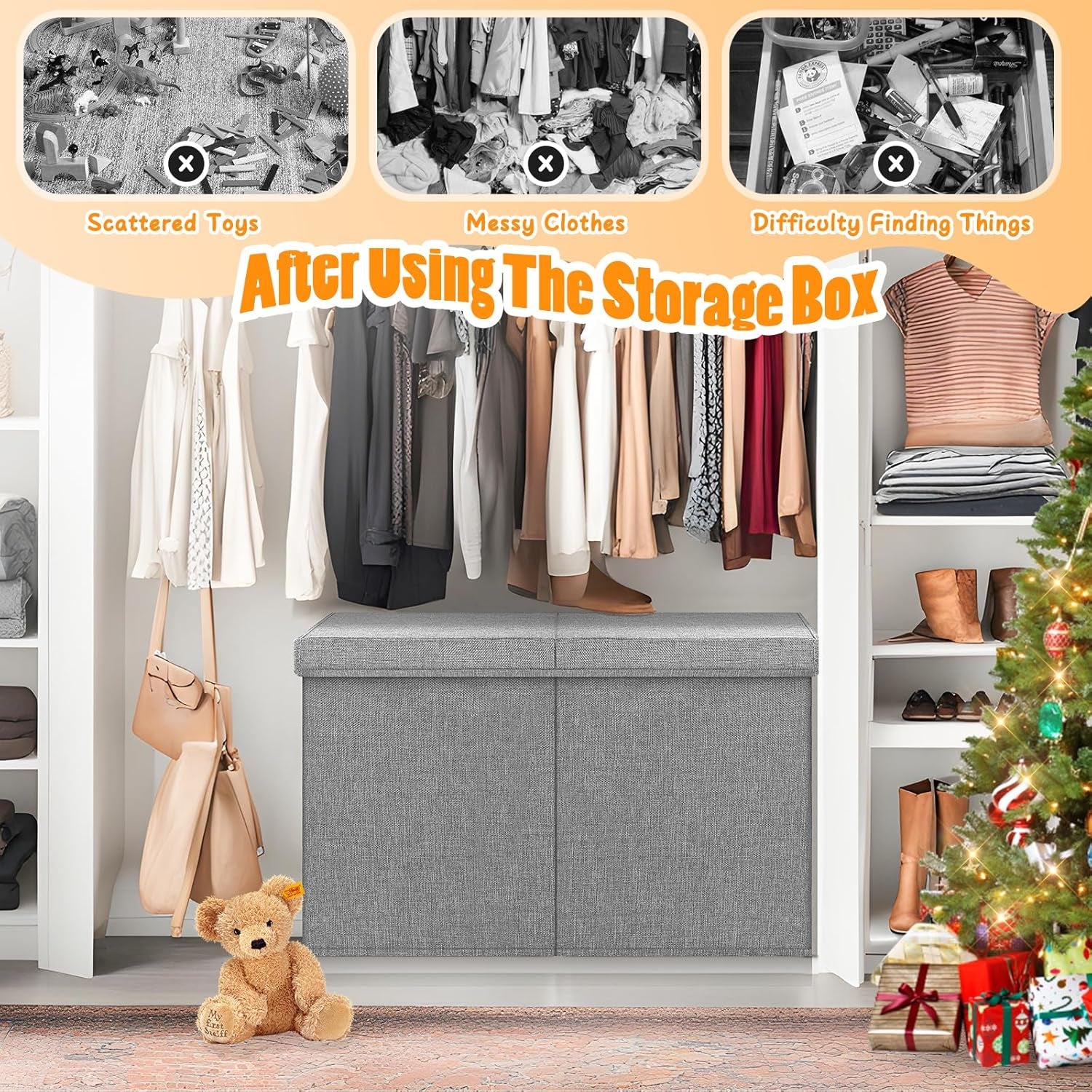 Large Toy Storage Box with Lid Divider, Sturdy Collapsible Toys Organizer Chest Kids Storage Bins Boxes Baskets for Boys, Girls, Nursery, Bedroom, Living Room, Playroom, 25"X13"X16", Gray