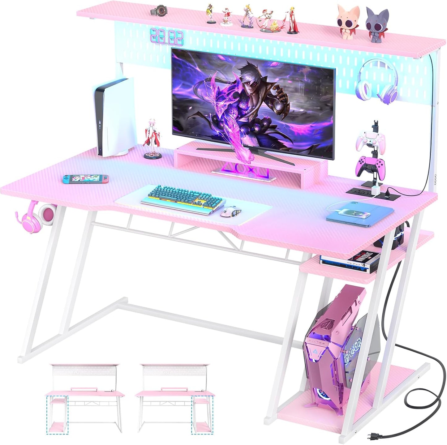Pink Gaming Desk with Hutch and LED Lights, 53" Computer Desk with Storage Shelves, Reversible PC Gaming Desk with Pegboard, Gamer Desks for Bedroom, Carbon Fiber Surface