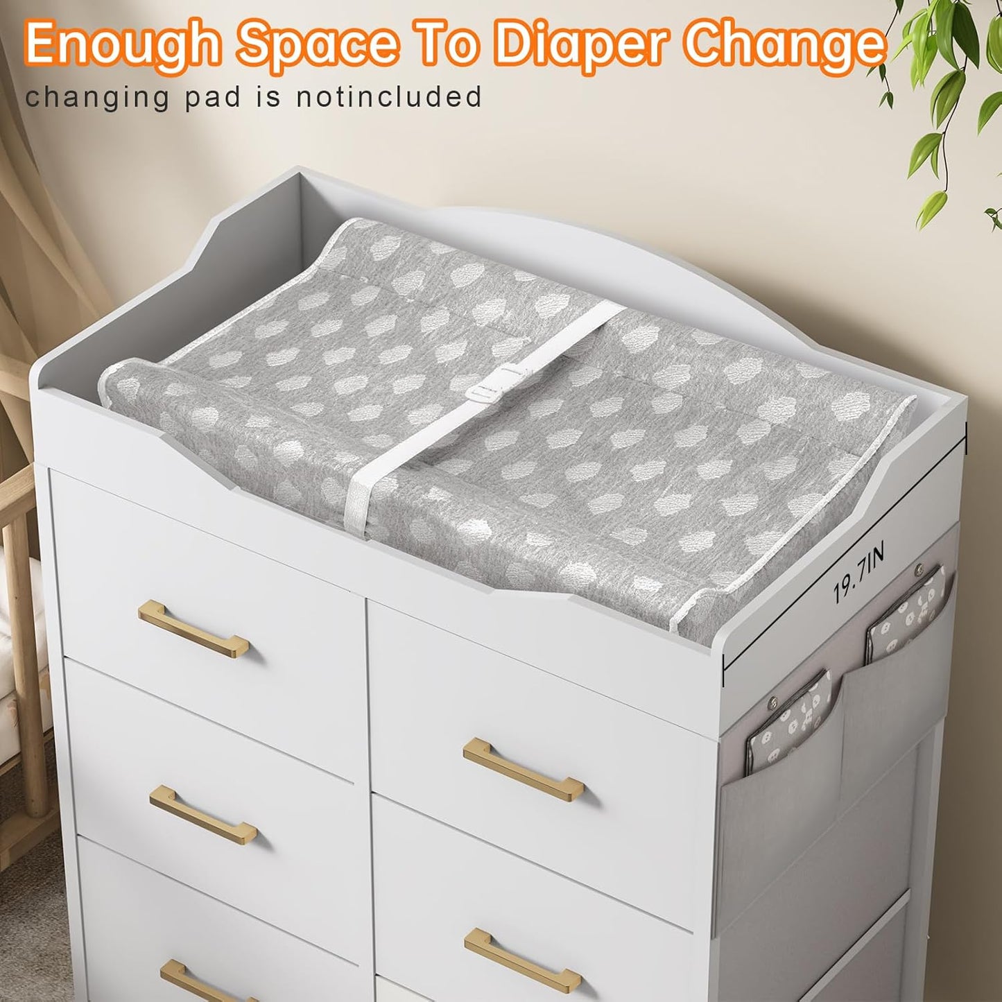 White Changing Table Dresser with 6 Fabric Drawers and Side Pockets, Nursery Dresser with Changing Top, Baby Dresser with Drawers, Diaper Changing Station for Nursery and Bedroom