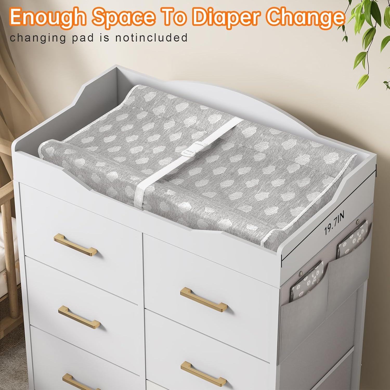 White Changing Table Dresser with 6 Fabric Drawers and Side Pockets, Nursery Dresser with Changing Top, Baby Dresser with Drawers, Diaper Changing Station for Nursery and Bedroom