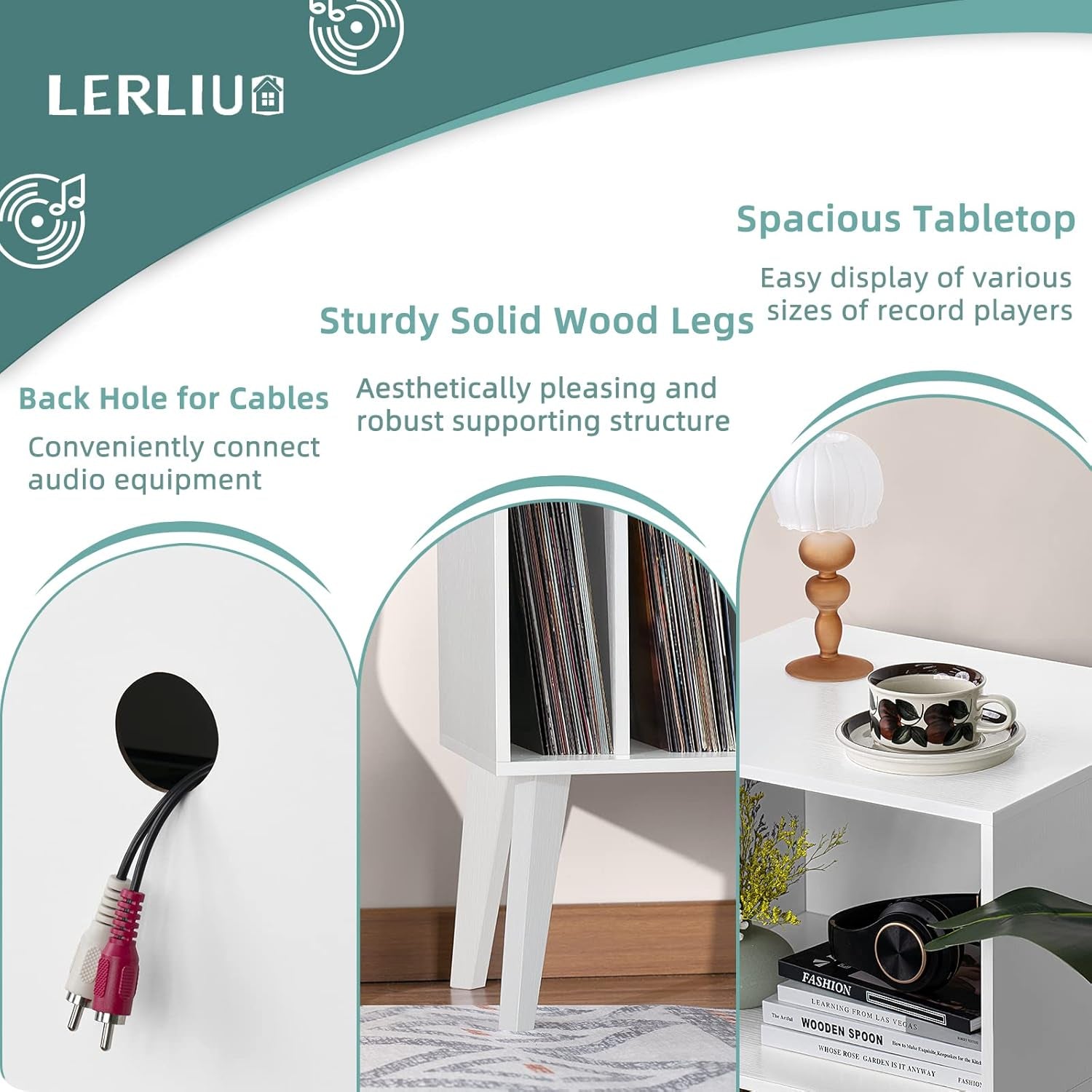 Record Player Stand, White Turntable Stand Holds up to 160 Albums, Mid-Century Vinyl Storage Cabinet Table with Solid Wood Legs, Record Player Holder Dispaly Shelf for Bedroom Living Room