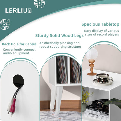 Record Player Stand, White Turntable Stand Holds up to 160 Albums, Mid-Century Vinyl Storage Cabinet Table with Solid Wood Legs, Record Player Holder Dispaly Shelf for Bedroom Living Room