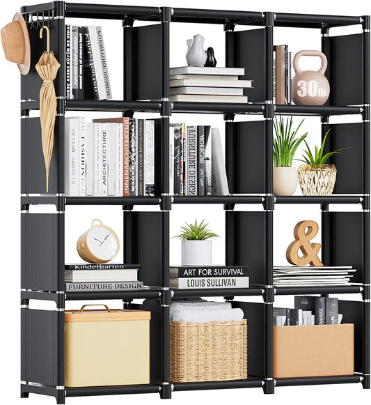 Book Shelf, 12 Cube Storage Organizer, DIY Bookcase, Metal Bookshelf,Tall Book Case for Bedroom, Living Room,Office,Closet, Black Cubicle Rack