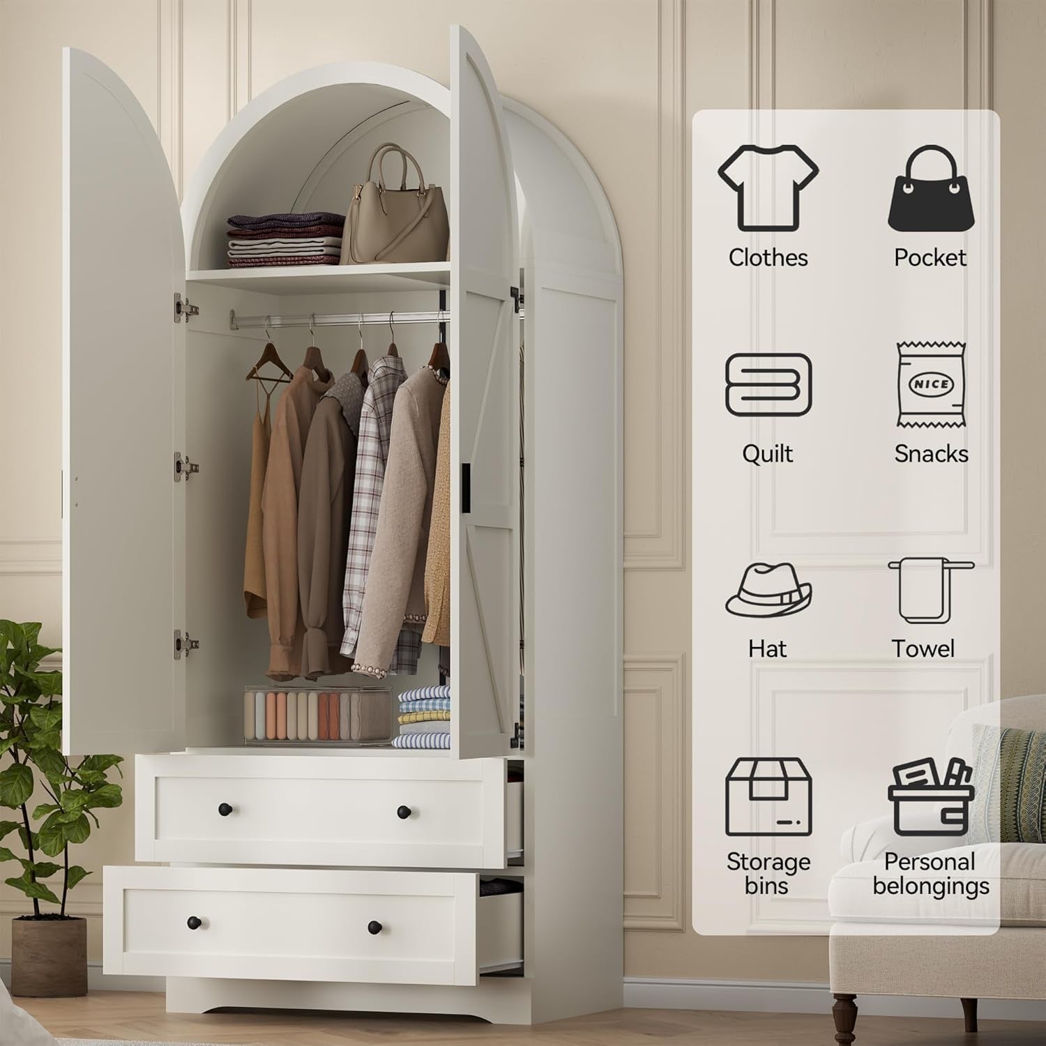 74.8" Armoire Wardrobe Closet with 2 Drawers and 2 Doors, Tall Bedroom Freestanding Armoire Storage Cabinet with Shelves, Wood Large Wardrobe Combination for Hanging Clothes (White)