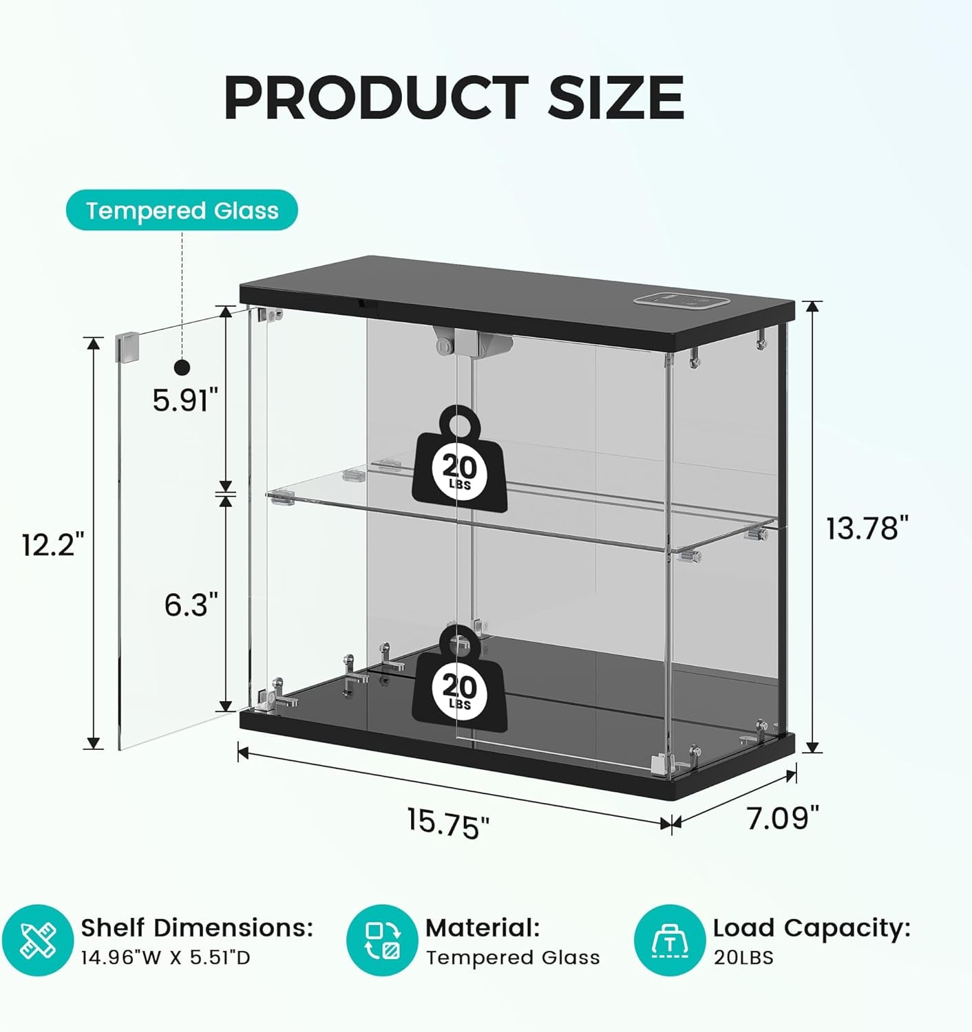 Lighted Clear Glass Display Case - for Figures & Collectibles, Small 2-Tier Display Cabinet with Charging Station, LED Display Box with Lights & Human Sensor, for Model Car, Perfume, Black
