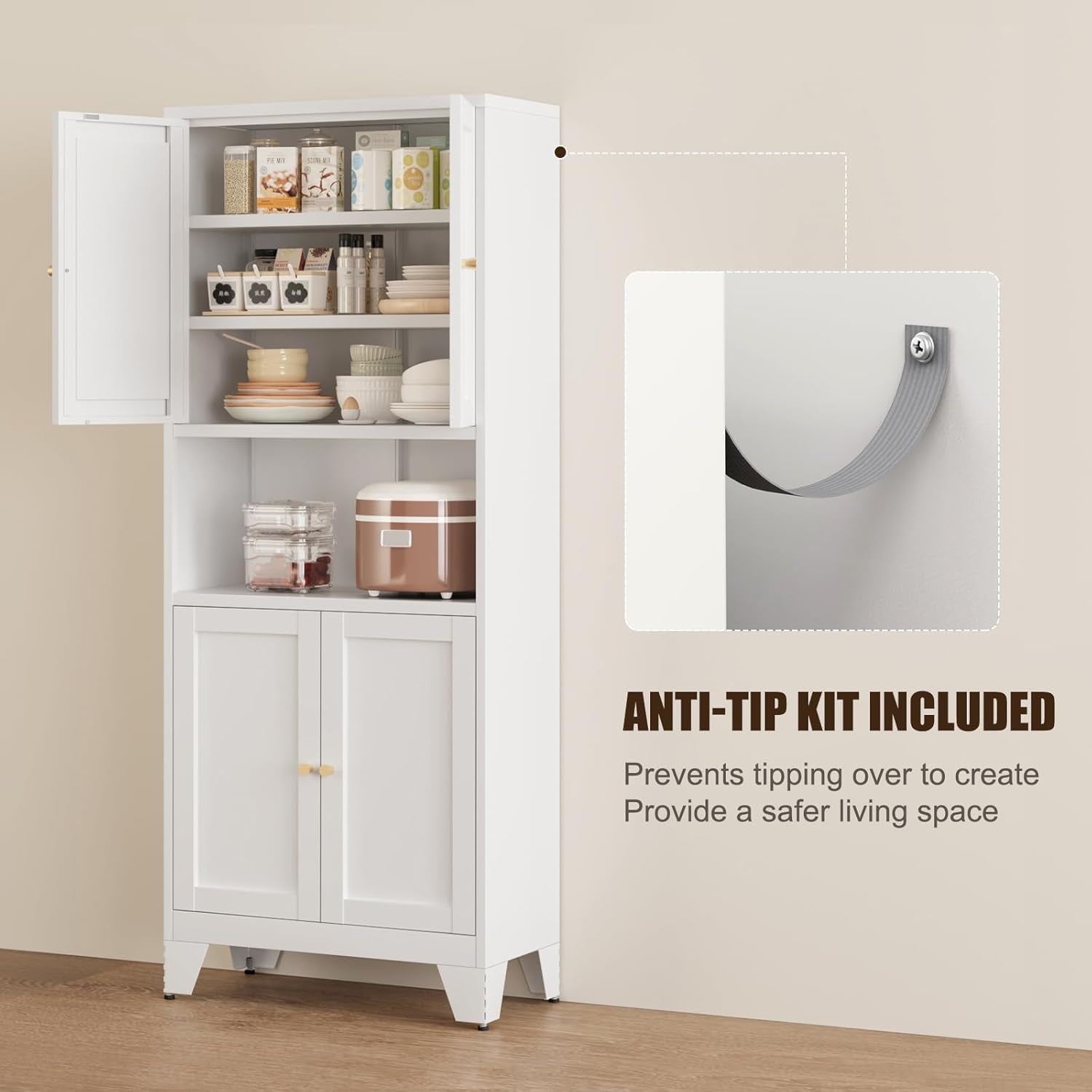 69" Tall Metal Pantry Cabinet with Microwave Shelf,Microwave Storage Cabinet with 4 Doors & 3 Adjustable Shelves,Metal Cabinet with Storage for Kitchen Dining Room Living Room(1Pc,White)