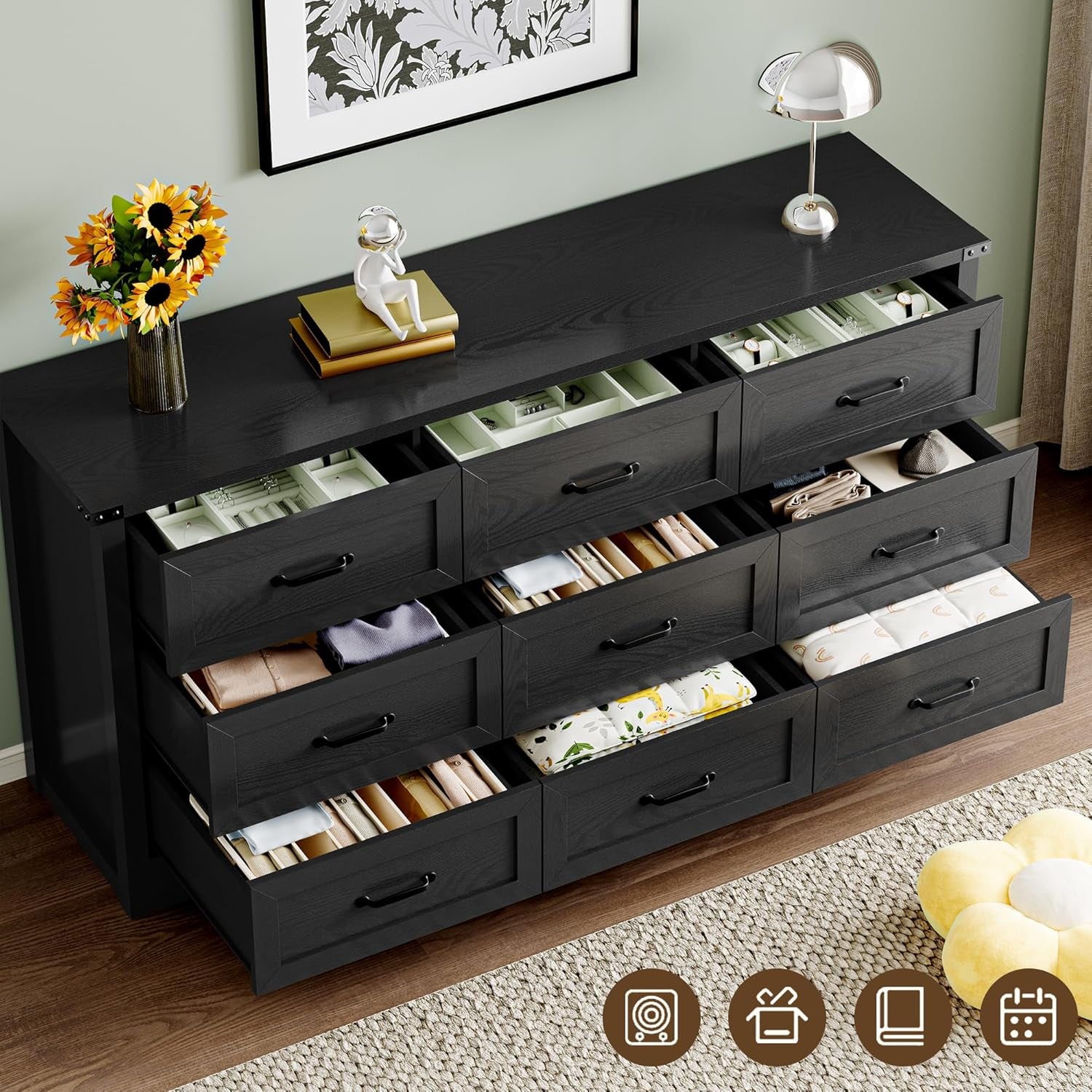 9-Drawer Dresser for Bedroom, Modern Wooden Chest of Drawers with Metal Handles, Anti-Tipping Design, Sturdy and Stable Storage Organizer for Living Room, Entryway, Home Office
