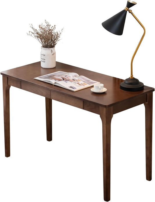 Solid Wood Desk with Drawers, Home Office Desk for Small Spaces, Gaming Work Study Desk, Student PC Desk for Bedroom, Easy to Assemble (Walnut Color, 39.4 Inch)