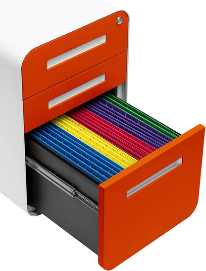Stockpile 3 Drawer File Cabinet with Lock - under Office Desk Metal Filing Cabinet, Legal/Letter File Folders, Wheels and Stationary Feet, Pre-Assembled, Orange Faceplate