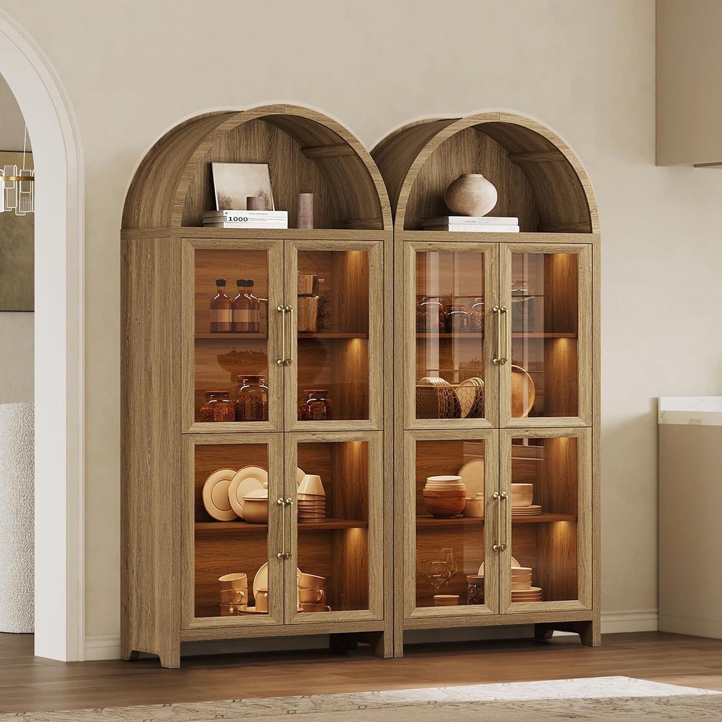 74" Display Cabinet with Glass Doors - Modern 5-Tier Arched Bookcase with Rechargeable 3-Color LED Lights & Motion Sensor, Large Pantry Cabinet for Kitchen, Living Room, Home Office, Brown Oak