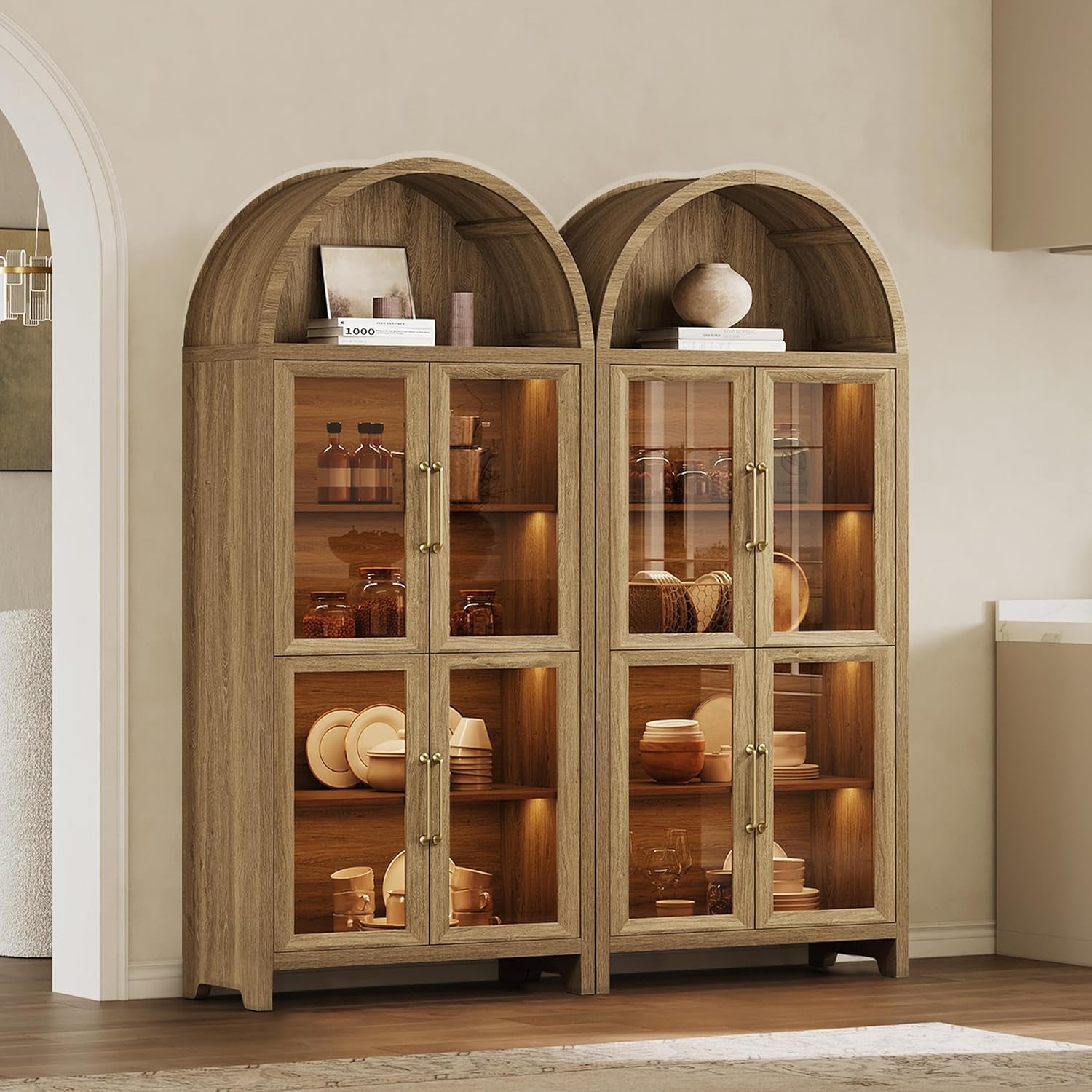 74" Display Cabinet with Glass Doors - Modern 5-Tier Arched Bookcase with Rechargeable 3-Color LED Lights & Motion Sensor, Large Pantry Cabinet for Kitchen, Living Room, Home Office, Brown Oak