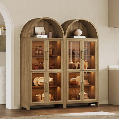 74" Display Cabinet with Glass Doors - Modern 5-Tier Arched Bookcase with Rechargeable 3-Color LED Lights & Motion Sensor, Large Pantry Cabinet for Kitchen, Living Room, Home Office, Brown Oak