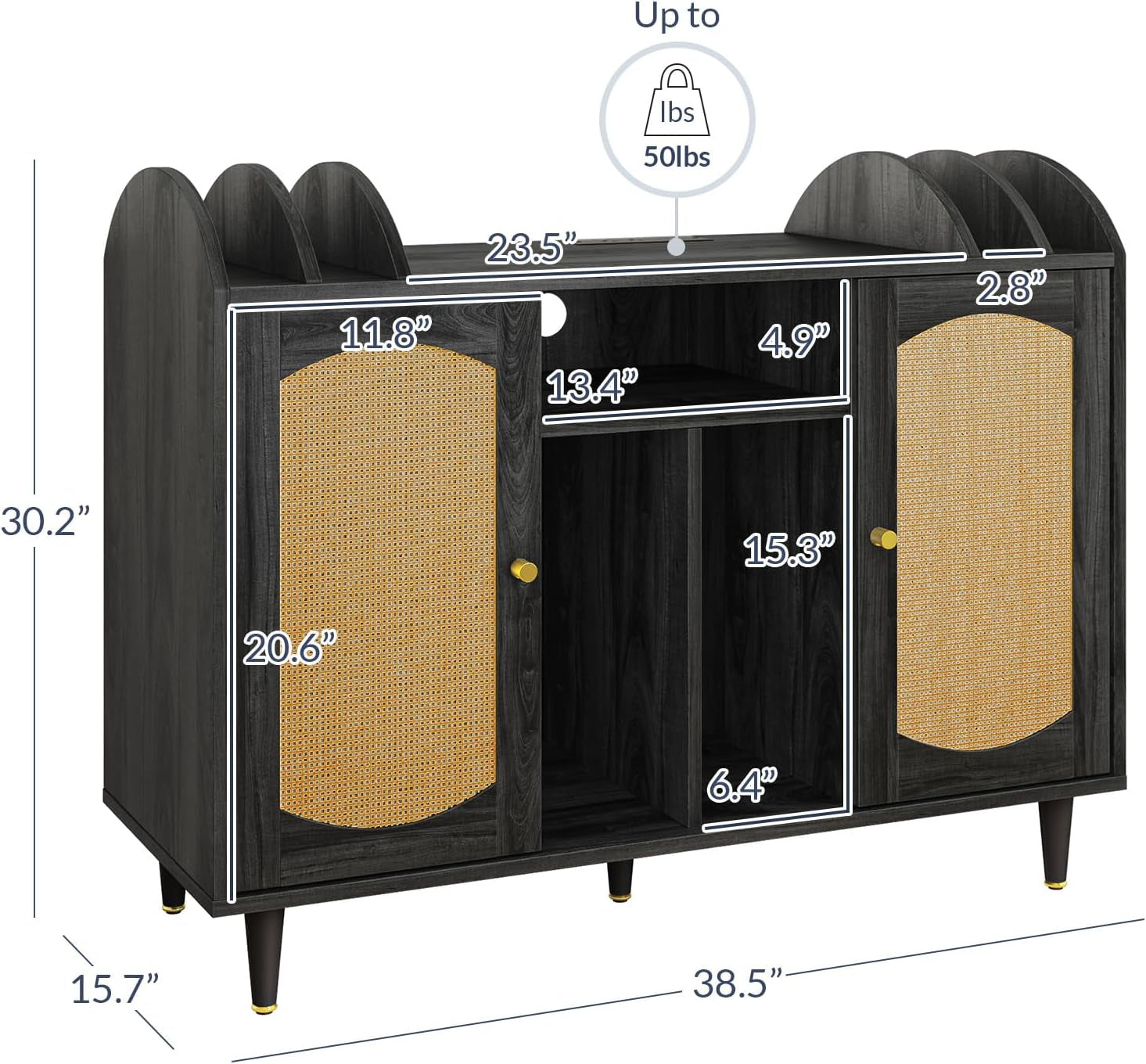Mid-Century Record Player Stand, Vinyl Record Storage Cabinet Holds up to 350+ Albums, Rattern Decorated Turntable Stand with Power Outlet for Living Room, Office - Brown