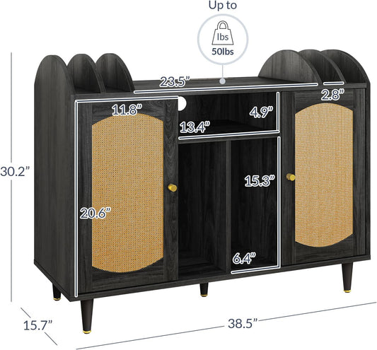 Mid-Century Record Player Stand, Vinyl Record Storage Cabinet Holds up to 350+ Albums, Rattern Decorated Turntable Stand with Power Outlet for Living Room, Office - Brown