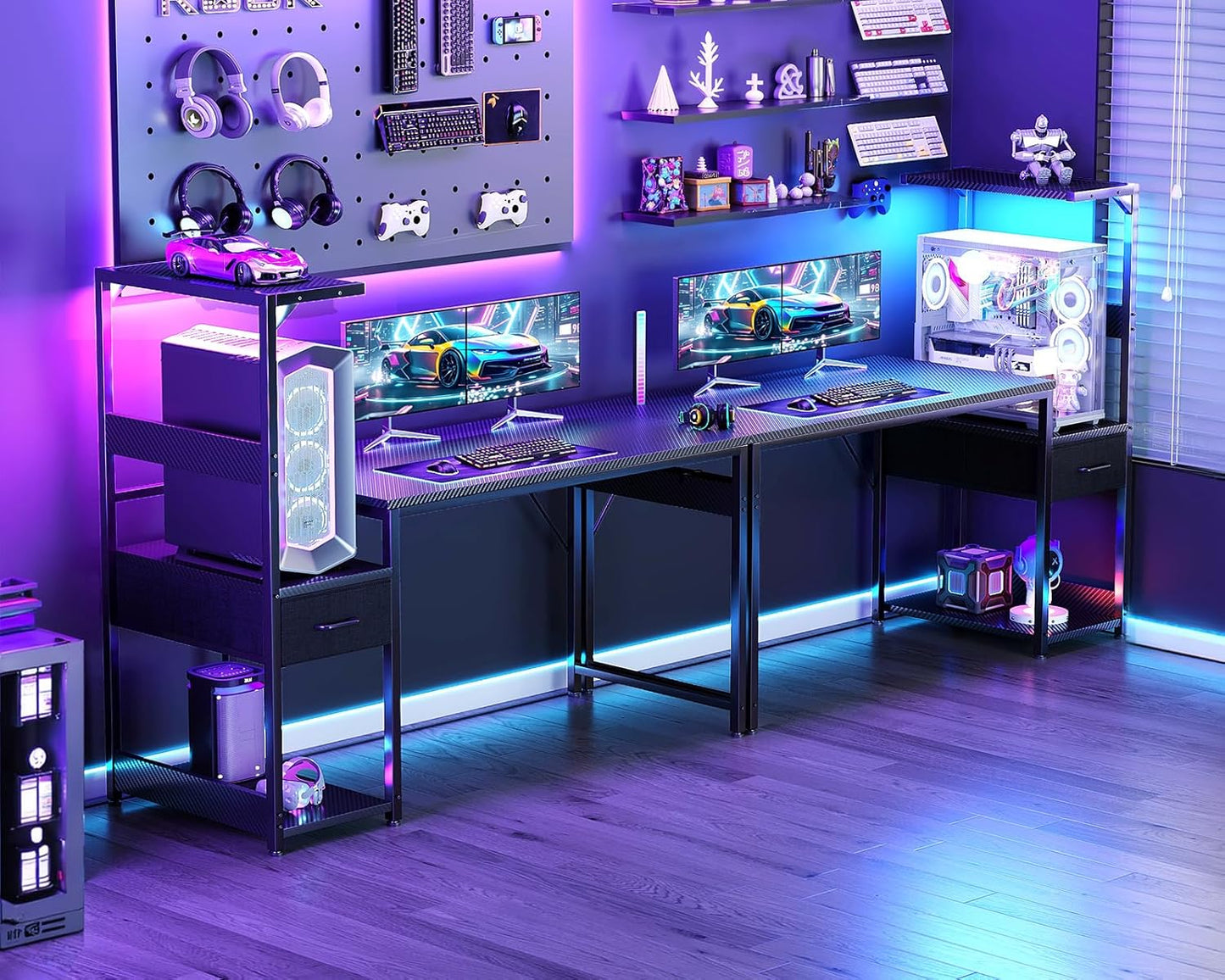 48 Inch Gaming Desk with Storage & LED Lights, Reversible Computer Desk with Display Shelves & Fabric Drawer, Modern Gamer Desk Table with Side Headphone Hook, Carbon Fiber Black
