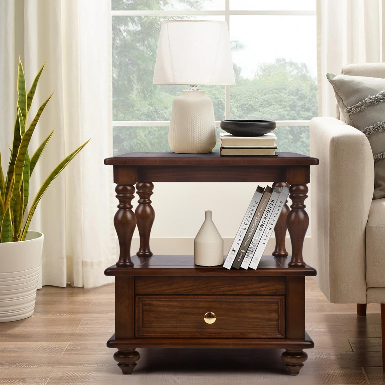 Vintage Square End Table with 1 Drawer and 2 Hidden Compartments, 2 Tier Side Table with Storage Shelves, Solid Wood Nightstand for Small Space, Walnut