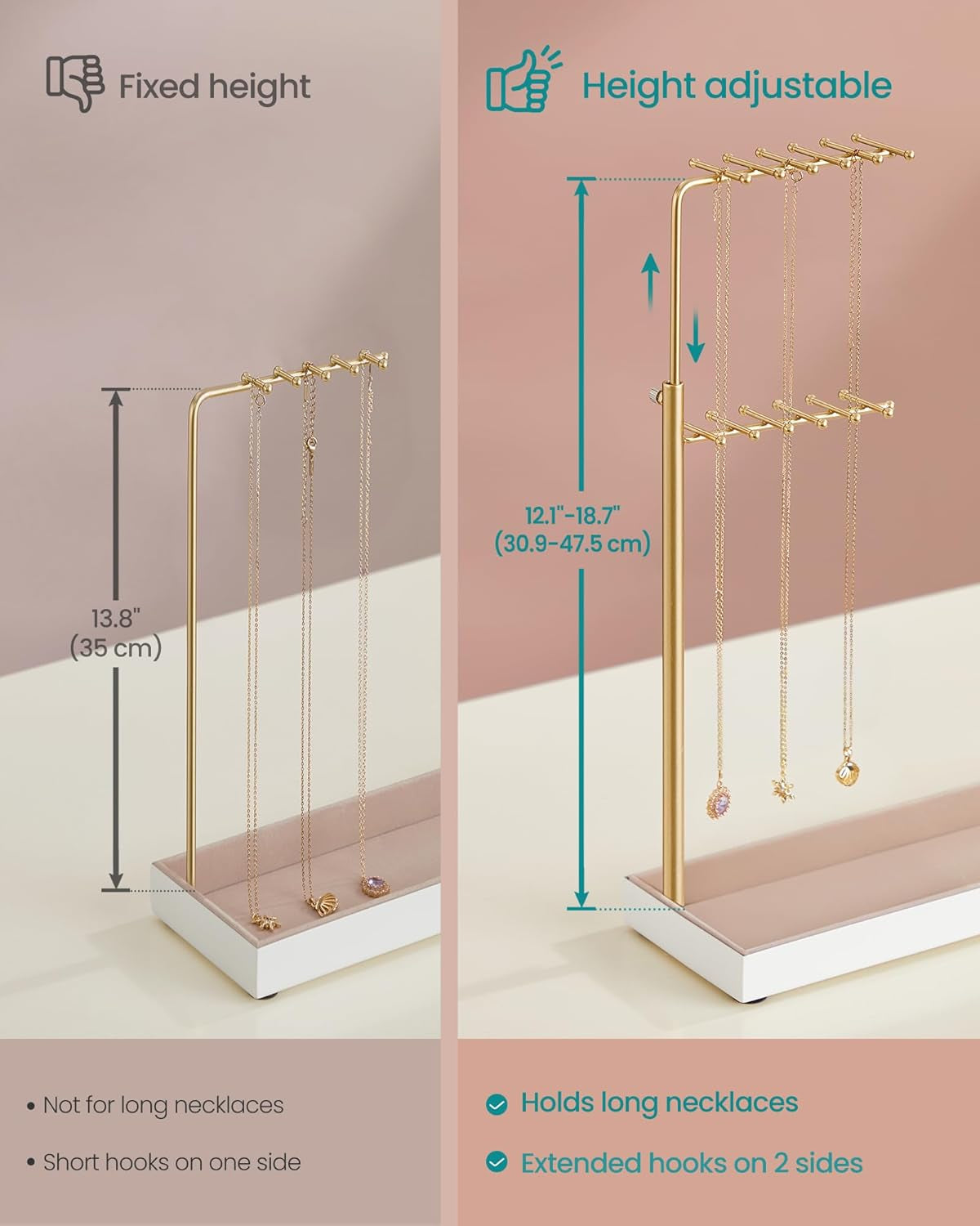 Jewelry Holder, Jewelry Storage Organizer Stand with Metal Frame, Velvet Tray, 12.1 to 18.7 Inches Tall Height Adjustable Necklace Holder, for Rings, Earrings, Pale Gold UJJS026A01