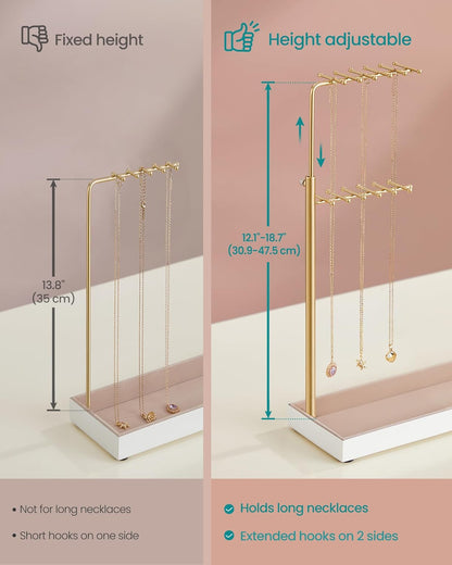 Jewelry Holder, Jewelry Storage Organizer Stand with Metal Frame, Velvet Tray, 12.1 to 18.7 Inches Tall Height Adjustable Necklace Holder, for Rings, Earrings, Pale Gold UJJS026A01
