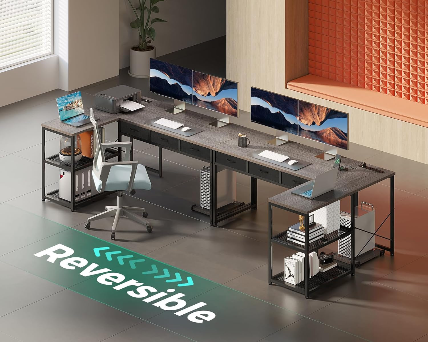 53 Inch L Shaped Computer Desk with Drawers, Corner Desk with Power Outlets & Reversible Storage Shelves, Movable CPU Stand for Home Office Gaming, Black